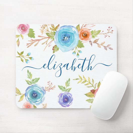 Chic boho Blue floral Aquarellschrift Monogramm Mousepad (Mit Mouse)
