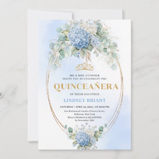 Chic Boho Blue Hydrangea 15th Birthday Invitation Einladung (Vorderseite)
