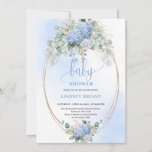 Chic Boho Blue Hydrangeas Baby Shower Invitation Einladung (Vorderseite)