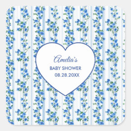Chic Boho Blue Wildflower Boy floral Baby Shower  Quadratischer Aufkleber