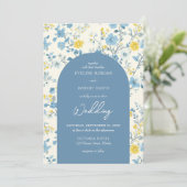 Chic Boho Blume Blau und Gelb Einladung (Stehend Vorderseite)