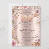 Chic Boho Blume Rose Gold 100. Geburtstag Einladung (Vorderseite)
