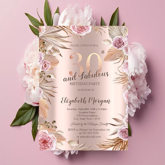 Chic Boho Blume Rose Gold 30. Geburtstag Einladung