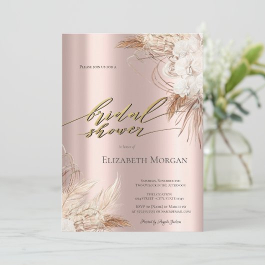 Chic Boho Blume Rose Gold Brautparty Einladung (Stehend Vorderseite)