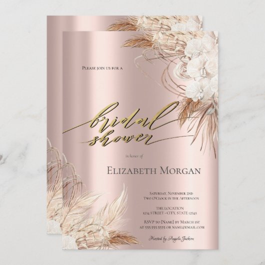 Chic Boho Blume Rose Gold Brautparty Einladung (Vorne/Hinten)