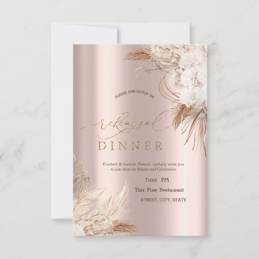 Chic Boho Blume Rose Gold Probe Abendessen Einladung (Vorderseite)