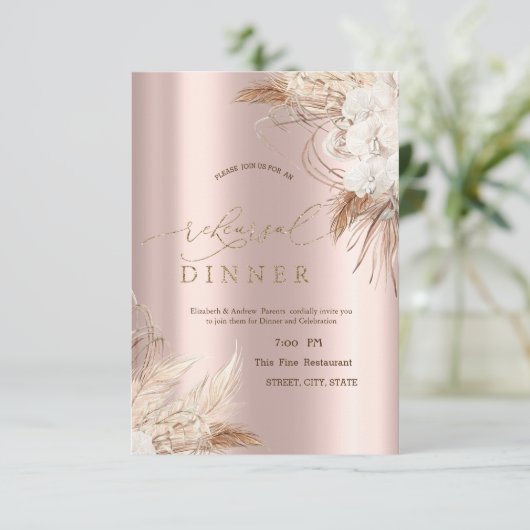 Chic Boho Blume Rose Gold Probe Abendessen Einladung (Stehend Vorderseite)