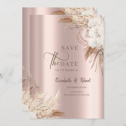Chic Boho Blume Rose Gold Wedding Save the Date (Vorne/Hinten)