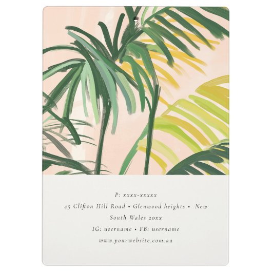 Chic Boho Blush Green Tropical Palm Blätter Strand Klemmbrett (Rückseite)