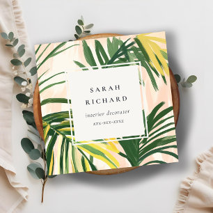 Chic Boho Blush Green Tropical Palm Blätter Strand Quadratische Visitenkarte