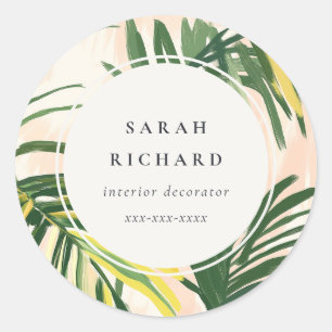 Chic Boho Blush Green Tropical Palm Blätter Strand Runder Aufkleber