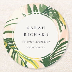 Chic Boho Blush Green Tropical Palm Blätter Strand Runder Pappuntersetzer
