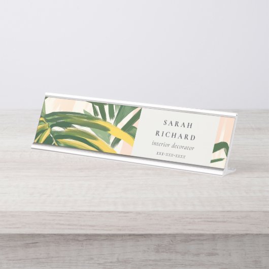 Chic Boho Blush Green Tropical Palm Blätter Strand Schreibtischnamensplakette (Vorderseite )