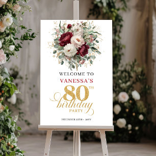 Chic Boho Burgunder Blumen 80. Geburtstags Begrüßu Poster