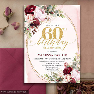 Chic Boho Burgunder-Rosa Floral 60. Geburtstag Einladung