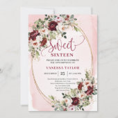 Chic Boho Burgundy Blush Floral Gold Sweet Sixteen Einladung (Vorderseite)