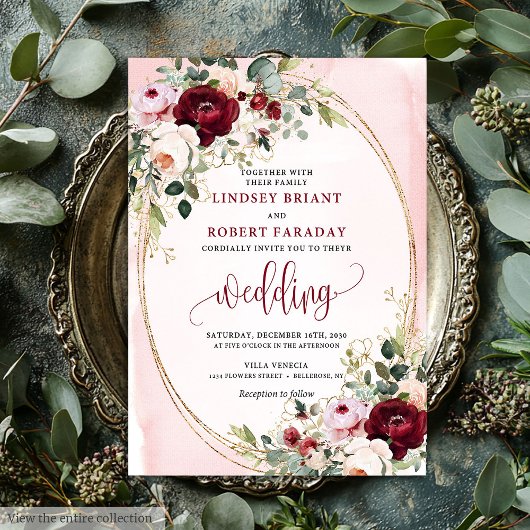 Chic Boho Burgundy Blush Gold Floral Invitation Einladung