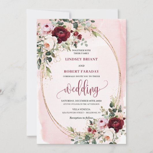 Chic Boho Burgundy Blush Gold Floral Invitation Einladung (Vorderseite)