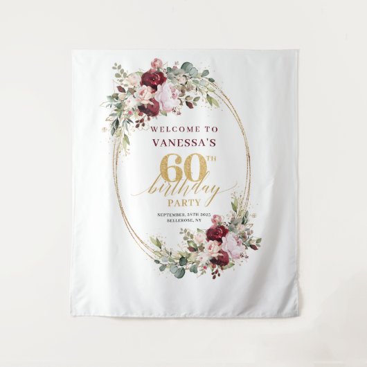 Chic Boho Burgundy Gold Eucalyptus 60th Backdrop Wandteppich (Vorderseite)