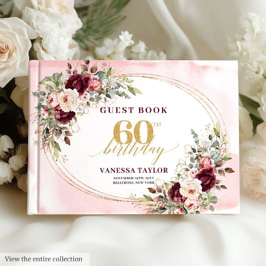 Chic Boho Burgundy Gold Roses 60th Birthday Book Gästebuch