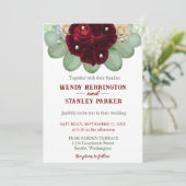 Chic Boho Burgundy Rose Eucalyptus Pearl Wedding Einladung (Stehend Vorderseite)