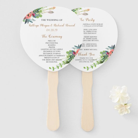 Chic Boho Country Floral Wedding Program Hand Fan Fächer (Vorne und Hinten)