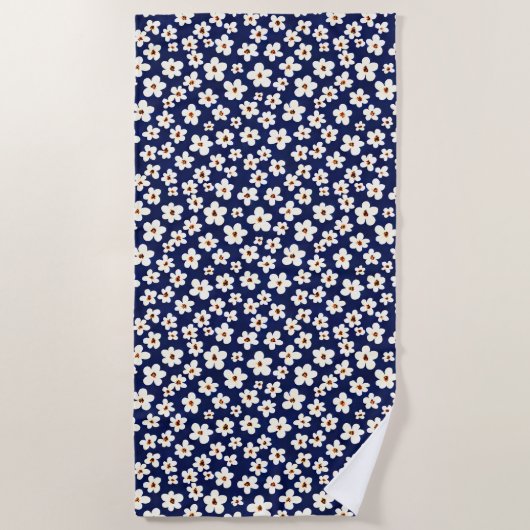 Chic Boho Daisies Dark Blue Pattern Pillow Case Strandtuch (Vorderseite)