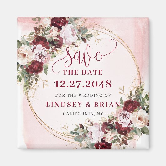 Chic Boho Deep Red Blush Gold Floral Save the Date Magnet (Vorne)