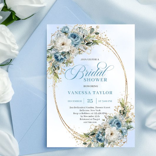 Chic Boho Dusty Blue Greenery Floral Bridal Shower Einladung