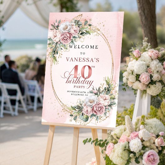 Chic Boho Dusty Pink Floral 40th Birthday Welcome Poster