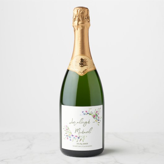 Chic boho einfache Wildblumen Hochzeit Schaumweinetikett (Vorderseite)