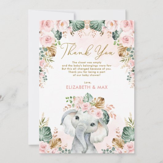 Chic Boho Elephant Blush Pink Floral Baby Dusche Dankeskarte (Vorderseite)