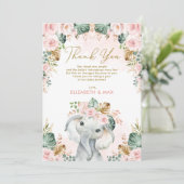 Chic Boho Elephant Blush Pink Floral Baby Dusche Dankeskarte (Stehend Vorderseite)