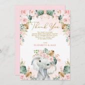 Chic Boho Elephant Blush Pink Floral Baby Dusche Dankeskarte (Vorne/Hinten)