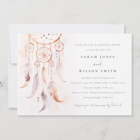 Chic Boho Feather Dreamcatcher Probe Dinner Einladung (Vorderseite)