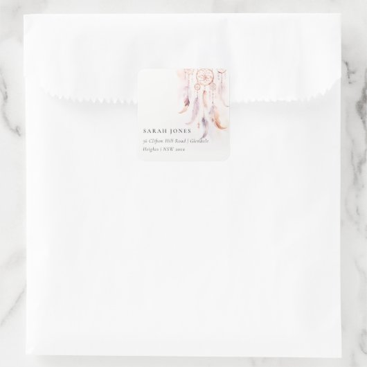 Chic Boho Feather Dreamcatcher Wasserfarbe Adresse Quadratischer Aufkleber (Tasche)