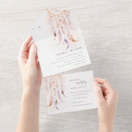 Chic Boho Feather Dreamcatcher Watercolor Wedding All In One Einladung
