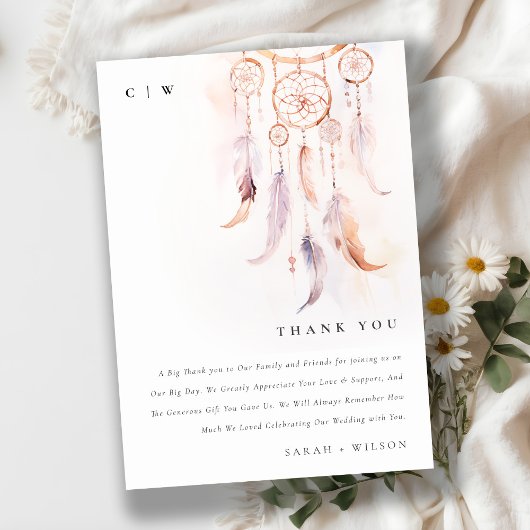 Chic Boho Feather Dreamcatcher Watercolor Wedding Dankeskarte