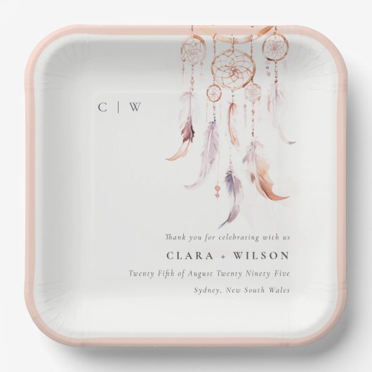 Chic Boho Feather Dreamcatcher Watercolor Wedding Pappteller (Vorderseite)