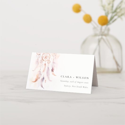 Chic Boho Feather Dreamcatcher Watercolor Wedding Platzkarte (Vorderseite)