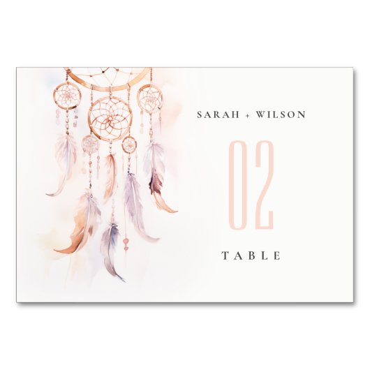 Chic Boho Feather Dreamcatcher Watercolor Wedding Tischnummer (Vorderseite)