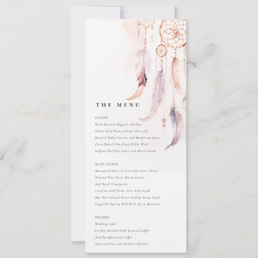 Chic Boho Feather Dreamcatcher Wedding Menu Card Einladung (Vorderseite)