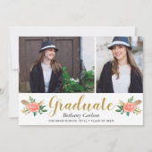 Chic Boho Feathers Floral 2 Foto Graduation Party Einladung (Vorderseite)