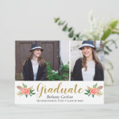 Chic Boho Feathers Floral 2 Foto Graduation Party Einladung (Stehend Vorderseite)