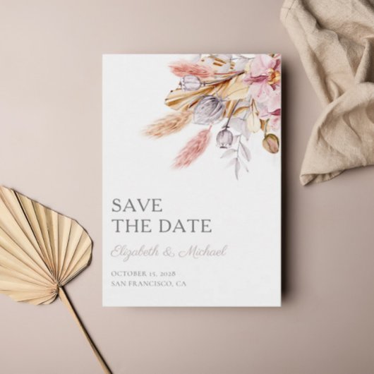 Chic Boho Floral Pampas Grass Save the Date Einladung