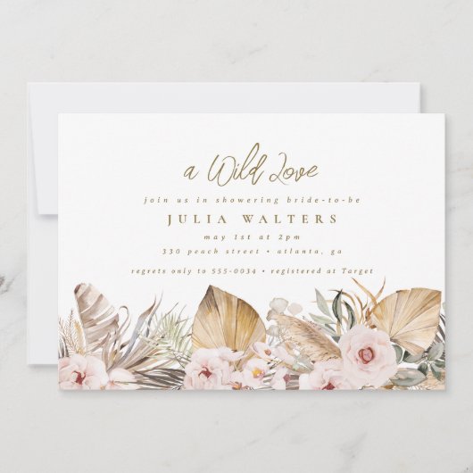 Chic Boho Floral Pampas Palm Gold Brautparty Einladung (Vorderseite)