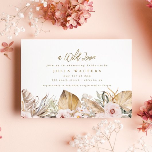 Chic Boho Floral Pampas Palm Gold Brautparty Einladung