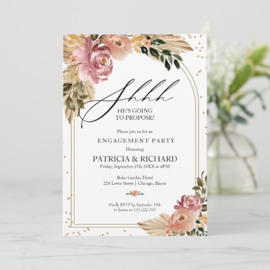 Chic Boho Floral Surprise Engagement Party Einladung (Stehend Vorderseite)