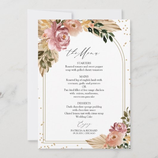 Chic Boho Floral Wedding Menu Card Einladung (Vorderseite)