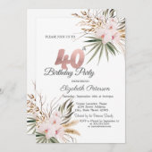 Chic Boho Flowers 40th Birthday Einladung (Vorne/Hinten)